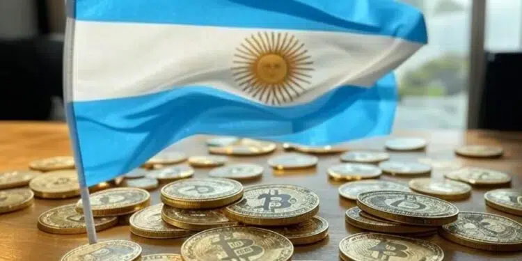 Bandera Argentina sobre varias monedas con el logo de BTC.