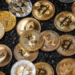 Picture of different crypto coins laying on top each other