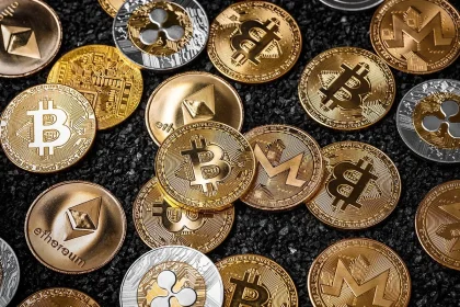 Picture of different crypto coins laying on top each other