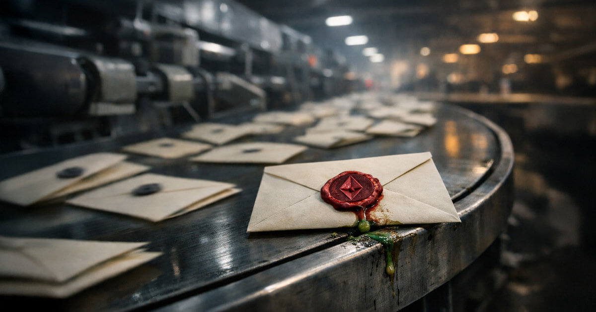 Sealed envelopes bearing the Ethereum logo move along an industrial conveyor, symbolizing cheap gas fees driving record volume amid widespread address poisoning attacks