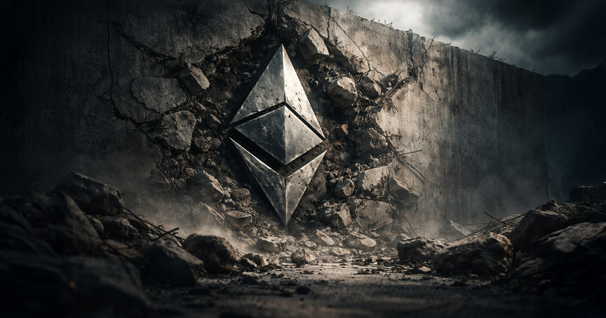 Ethereum logo embedded in a cracked concrete wall with rubble and dust, symbolizing Ethereum’s layer 2 vision hitting a wall and Vitalik declaring branded shards dead.