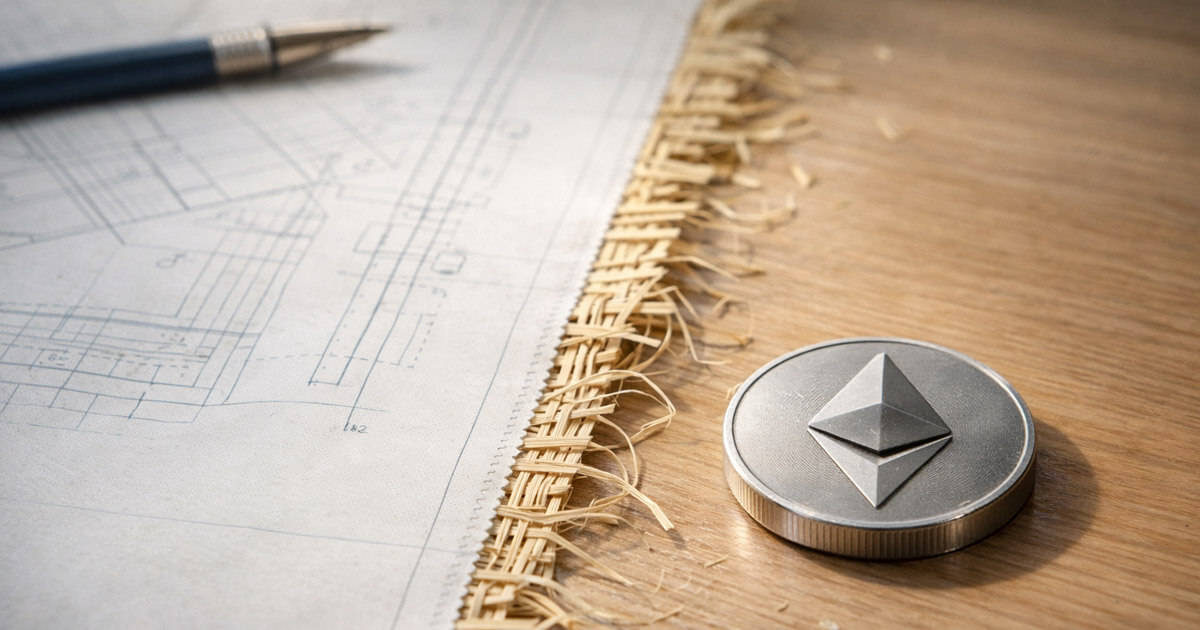 Ethereum coin beside technical blueprints on a wooden desk, symbolizing the network’s path to $10,000 as seven upgrades and a fragile ecosystem vote shape ETH’s future trajectory